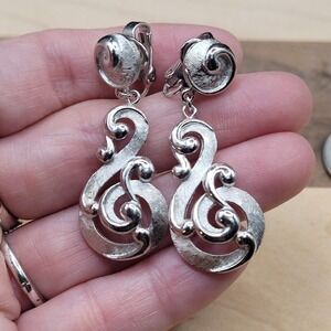 Vtg crown Trifari Earrings Clip Silvertone Scroll Dangle